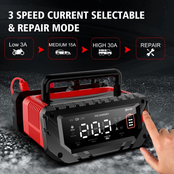 HTRC Portable 30A Car Motorcycle Battery Charger 12V 24V Automatic for Lead Acid Start Stop & Repair DIY for Truck